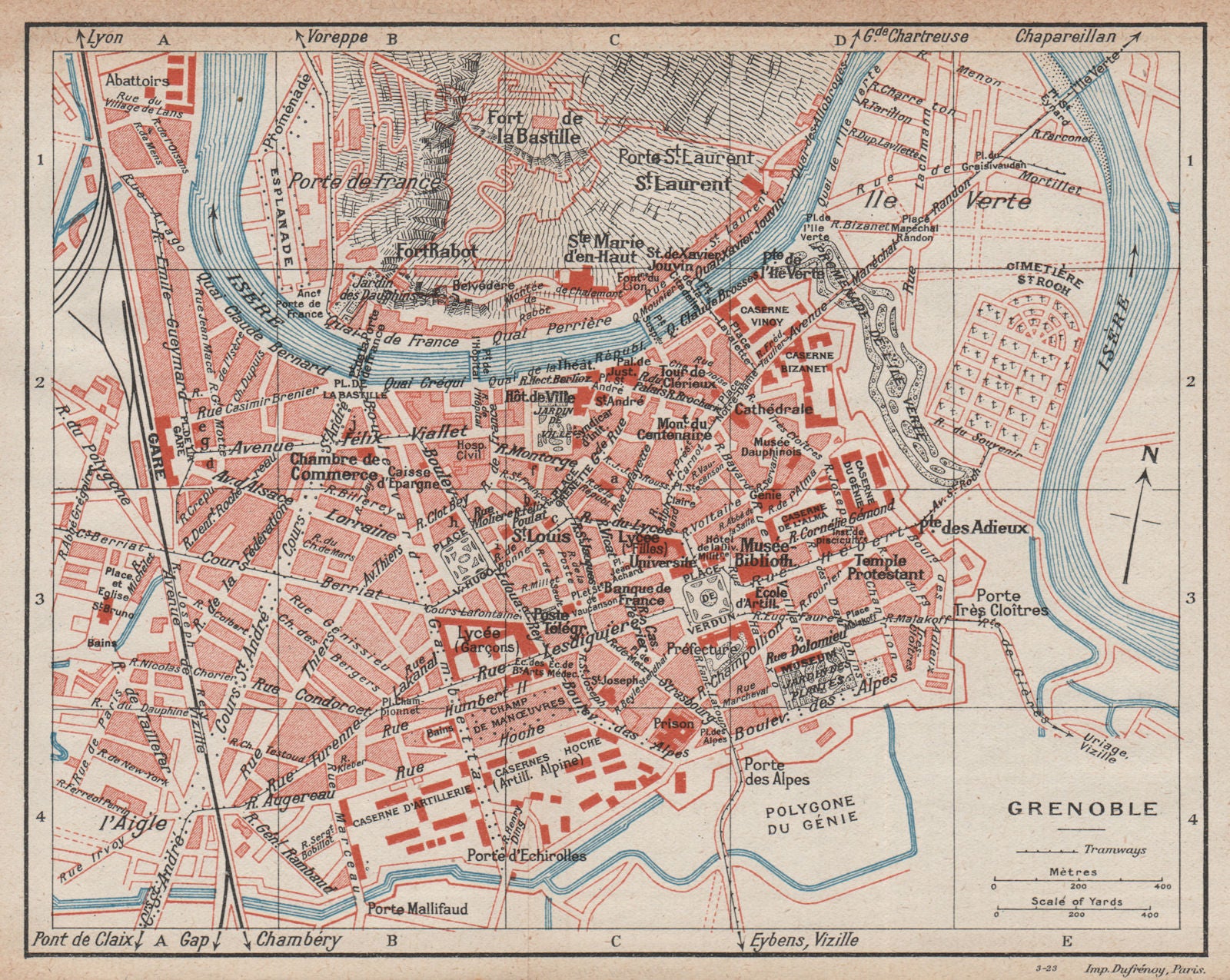 GRENOBLE. Vintage town city map plan. Isère 1923 old antique chart